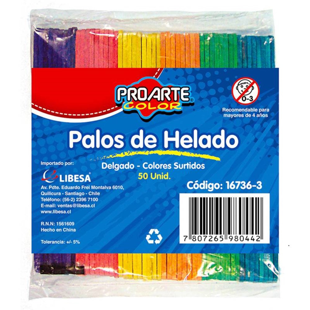 Palos De Helado Delgado Colores 50 Unidades