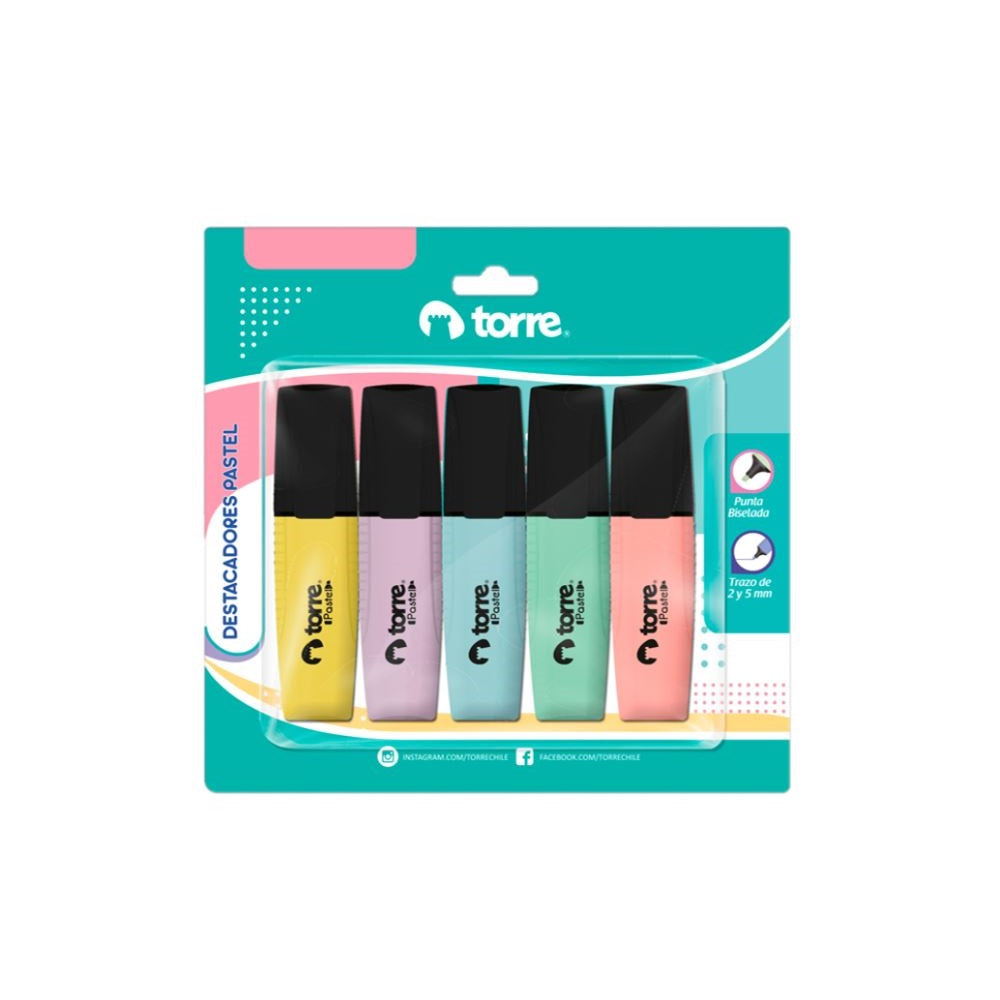 Destacador Escritorio Punta Biselada 5 Colores Pastel