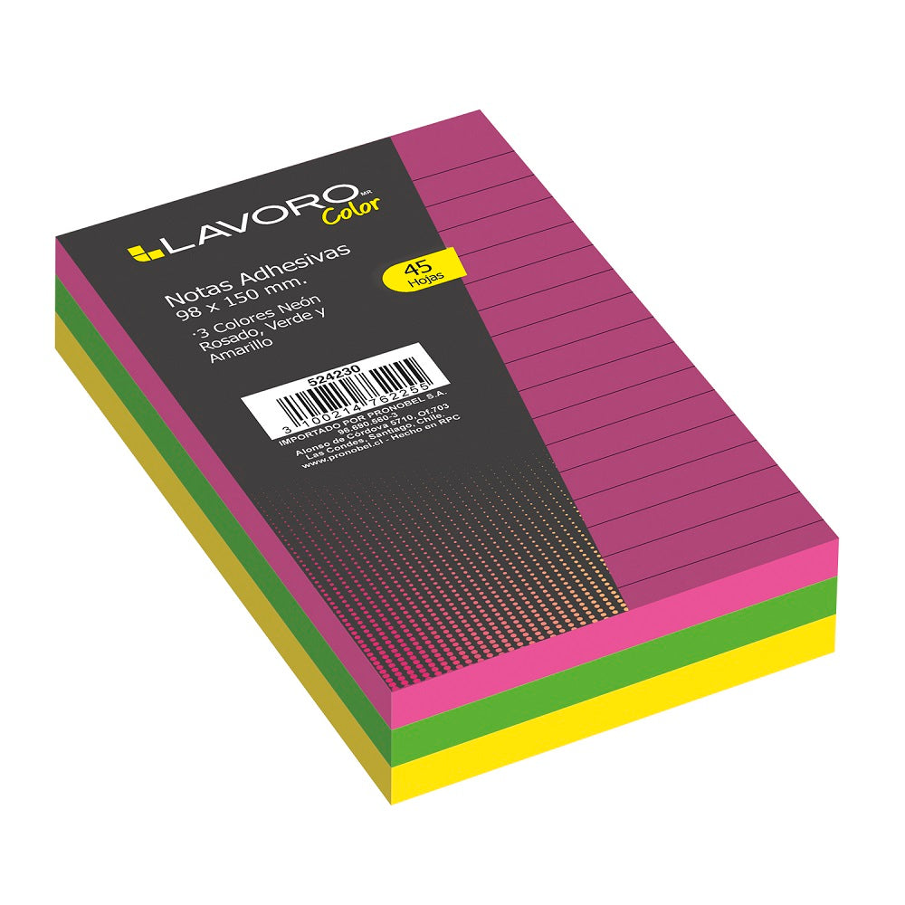 Nota Adhesiva 98 X 150 Mm 3 Colores 45 Hojas Cada Una Lineas